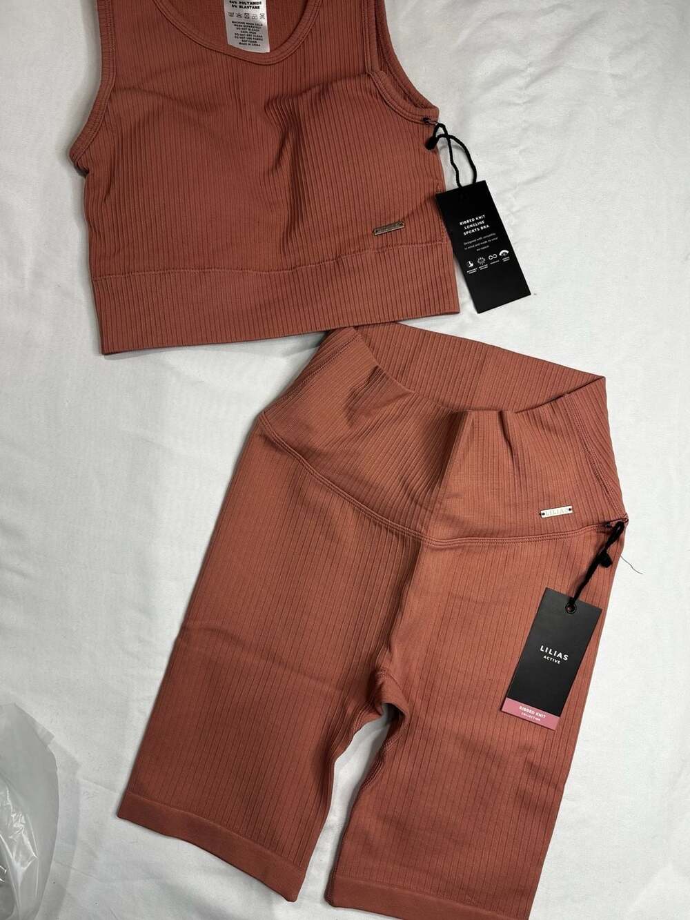 Lilias Active Ribbed Knit Longline Sports Bra and Biker Shorts Set Size X-Small